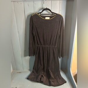 Vintage Chic Black Velour Long Sleeve Dress with Gold Rope Belt/Trim | Size L